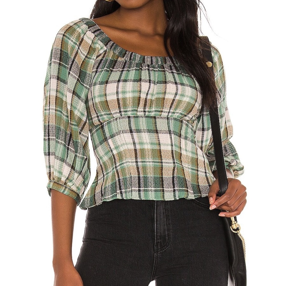 Free People Teagan Plaid Puff Sleeve Top in Teal Combo size Medium